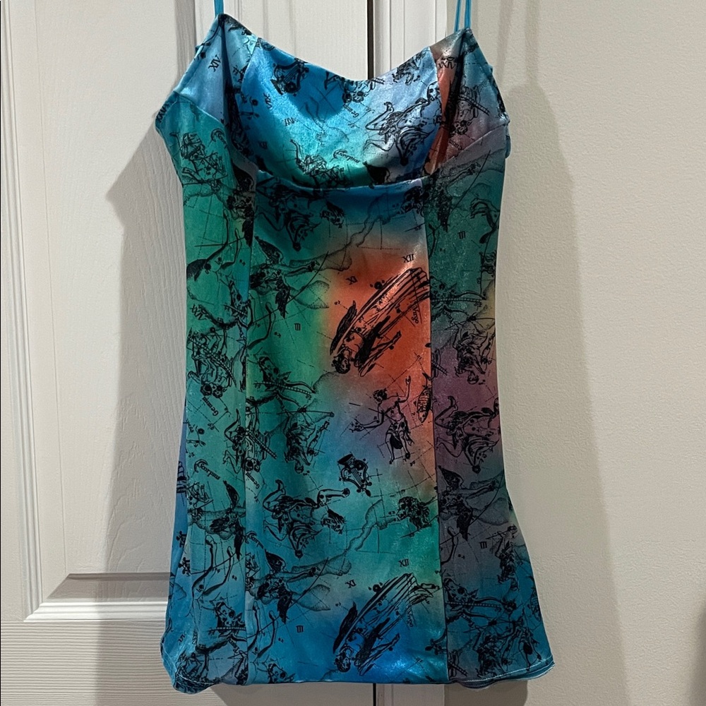 Urban Outfitters Teal Aqua Coral Gradient Velvet style Mini Dress- Size Medium